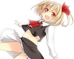  ascot blonde_hair blush crop_top crop_top_overhang dress_shirt fang hair_ribbon looking_at_viewer midriff navel open_mouth panties red_eyes ribbon rumia shirt side_ponytail skirt skirt_set smile solo striped striped_panties tori_(minamopa) touhou underwear 