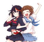  black_hair brown_hair chim gloves kill_la_kill locked_arms mankanshoku_mako matoi_ryuuko midriff multicolored_hair multiple_girls open_mouth round_teeth school_uniform senketsu serafuku short_hair single_glove skirt smile streaked_hair suspenders teeth 