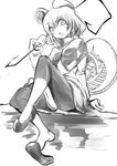  animal_ears bad_id bad_pixiv_id basket greyscale looking_at_viewer monochrome mouse mouse_ears mouse_tail nazrin shoe_dangle short_hair shun_soku simple_background sitting solo tail touhou white_background 