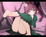  animal_ears ass barefoot bed blush bow braid bwell canopy_bed cat_ears cat_tail dress extra_ears feet green_dress hair_bow juliet_sleeves kaenbyou_rin leg_up long_sleeves looking_at_viewer multiple_tails nekomata on_bed outstretched_leg panties pantyshot pantyshot_(sitting) pillow pointy_ears puffy_sleeves red_eyes red_hair sitting sitting_on_bed smile soles solo tail touhou twin_braids underwear upskirt white_panties 