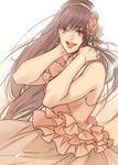  :d brown brown_hair dress earrings floating_hair flower hair_flower hair_ornament hairband hakari1909 hands_on_own_neck jewelry long_hair looking_at_viewer open_mouth original pink_dress red_eyes sleeveless smile solo very_long_hair 