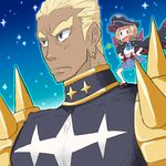  1boy 1girl banchou dark_skin gamagoori_ira kill_la_kill long_coat mankanshoku_mako midriff open_mouth shoulder_spikes size_difference spiked_shoulders star stars 