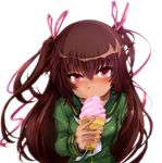  blush dark_skin food hair_ornament hair_ribbon highres ice_cream kihou_no_gotoku_dmc long_hair looking_at_viewer mizuki_yukikaze red_eyes ribbon sexually_suggestive solo taimanin_(series) taimanin_yukikaze tan tears twintails two_side_up 