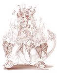  bad_id bad_pixiv_id blush claws flying_sweatdrops horns looking_at_viewer monochrome monster_girl overalls pants red_eyes shun_soku simple_background solo spot_color tail white_background 