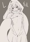  anza_tomo bad_id bad_pixiv_id blush bra breasts grey_background hood jacket kantai_collection looking_at_viewer medium_breasts monochrome navel open_clothes open_jacket re-class_battleship salute scarf shinkaisei-kan short_hair simple_background sketch smile solo translated underwear 
