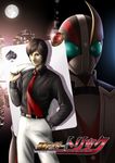  black_hair card full_moon hand_in_pocket highres jacket_over_shoulder kamen_rider kamen_rider_pixiv moon necktie original pixiv playing_card red_eyes shirt taikyokuturugi 