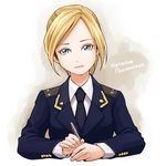  bad_id bad_pixiv_id blonde_hair blue_eyes character_name light_smile looking_at_viewer military military_uniform natalia_poklonskaya necktie nov_(nobuhikotorii) pen real_life russian short_hair solo uniform upper_body 