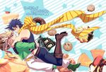  blonde_hair blue_eyes blue_hair boots caesar_anthonio_zeppeli facial_mark green_eyes green_jacket headband hug jacket jojo_no_kimyou_na_bouken joseph_joestar_(young) multiple_boys nightcat scarf 