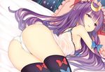  ass black_legwear blush bow breasts bun_cover crescent frilled_pillow frills hair_bow long_hair lying nipples on_side open_mouth panties patchouli_knowledge pillow pokachu purple_eyes purple_hair small_breasts smile solo star thighhighs touhou underwear underwear_only white_panties 