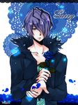  artist_name bangs blue_flower blue_rose character_name coat collarbone flower garry_(ib) hair_over_one_eye holding ib looking_at_viewer male_focus messy_hair purple_eyes purple_hair reaching_out rose shirt solo yuki_nadare 