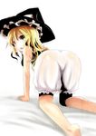 all_fours ass bare_arms bare_shoulders blonde_hair bloomers chemise commentary_request hat kirisame_marisa kurona looking_at_viewer looking_back open_mouth see-through solo sweat touhou underwear white_bloomers witch_hat yellow_eyes 