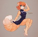  &lt;3 anthro blue_eyes bottomless bow cat claws clothing cute dress dress_lift feline female hair hand_on_head iskra iskra_(character) looking_at_viewer mammal pinup red_hair smile solo tabby_cat 