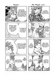  1girl animal_ears blush comic empty_eyes face fox_ears fox_tail frown glasses greyscale hard_translated highres log_horizon monochrome nureha o_o sasakamakue scarf shiroe speech_bubble surprised sweatdrop tail talking upper_body 