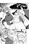  chubby comic dog english_text futaba_kotobuki greyscale male mammal monochrome namihira_kousuke red_panda sweat takaki_takashi text underwear undewear 