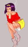  ankle_boots bare_shoulders boots card chin_rest cigarette cowboy_bebop crossed_legs faye_valentine green_eyes hairband high_heel_boots high_heels kelly_kao lips lipstick makeup playing_card purple_hair shorts sitting smoke smoking solo yellow_hairband 