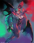  aqua_hair arm_up boots breasts cleavage demon_girl demon_wings glowing head_wings large_breasts long_hair morrigan_aensland outstretched_hand pantyhose solo succubus tetz-co vampire_(game) watermark web_address wings 