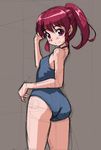  aino_megumi blush brown_background happinesscharge_precure! looking_at_viewer one-piece_swimsuit ponytail precure red_eyes red_hair rohitsuka short_hair sketch smile solo swimsuit 