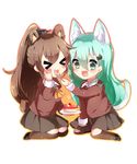  &gt;_&lt; animal_ears bear_ears bear_girl bear_tail bell blush brown_hair cake cat_ears cat_tail closed_eyes eating fang feeding food fruit green_eyes green_hair highres kaenuco kantai_collection kneeling kumano_(kantai_collection) long_hair multiple_girls open_mouth ponytail smile spoon strawberry suzuya_(kantai_collection) tail 