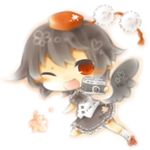  black_hair black_wings blush camera chibi hat leaf looking_at_viewer one_eye_closed open_mouth red_eyes ribbon shameimaru_aya short_hair smile solo tokin_hat touhou wings yasiro 