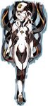  absurdres antiheld commentary glados hair_over_one_eye highres logo navel parted_lips personification portal portal_(series) slit_pupils smile solo standing white_hair yellow_eyes 