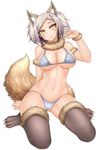  :3 animal_ears arm_support bikini blush breasts cleavage covered_nipples facial_mark fang fingernails fox_ears fox_tail full_body fur fur-trimmed_legwear fur_collar fur_trim groin head_tilt highres large_breasts long_fingernails looking_to_the_side navel oni-noboru original silver_hair simple_background sitting solo strap_gap swimsuit tail thighhighs tsurime wariza whisker_markings white_background wristband yellow_eyes 