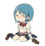  black_legwear blue_hair bow chibi crying hair_ornament hairclip mahou_shoujo_madoka_magica miki_sayaka pleated_skirt school_uniform shoe_dangle shoes single_shoe sitting skirt solo tsuzuya_(knt31) white_background 