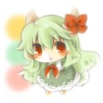  blush chibi ex-keine flower green_hair horns kamishirasawa_keine long_hair open_mouth red_eyes ribbon solo tail touhou yasiro 