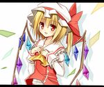  ascot blonde_hair fang flandre_scarlet hat letterboxed long_sleeves looking_at_viewer open_mouth red_eyes side_ponytail smile solo touhou upper_body wings yuuhagi_(amaretto-no-natsu) 
