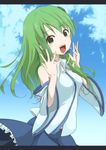  bare_shoulders blue_sky blush_stickers breasts cloud day detached_sleeves frog_hair_ornament green_eyes green_hair hair_ornament hair_tubes hand_up kochiya_sanae letterboxed long_hair looking_at_viewer medium_breasts open_hands open_mouth skirt skirt_set sky snake_hair_ornament touhou yukihiko_(sky_sleep) 