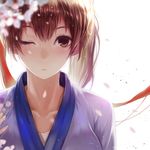  blurry blush brown_eyes brown_hair cherry_blossoms collarbone depth_of_field face flower kaga_(kantai_collection) kantai_collection one_eye_closed overexposure petals sa_(h28085) short_hair side_ponytail solo upper_body white_background 