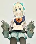  alternate_hairstyle amagai_tarou atago_(kantai_collection) bangs black_legwear blonde_hair bow bowtie breast_hold breasts cannon cosplay green_eyes green_skirt hair_bow hand_on_own_chest jpeg_artifacts kantai_collection long_hair mecha_musume midriff navel open_mouth pantyhose pleated_skirt ponytail school_uniform serafuku skirt solo thighband_pantyhose turret twitter_username yuubari_(kantai_collection) yuubari_(kantai_collection)_(cosplay) 