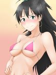  bikini black_hair blush brown_hair earrings flying_sweatdrops ganaha_hibiki gradient gradient_background green_eyes idolmaster idolmaster_(classic) jewelry long_hair looking_at_viewer navel ponytail revision smile solo swimsuit tengu_(tetuo_kun) 