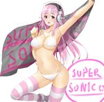  armpits bikini blush breasts cleavage headphones isshiki_(ffmania7) large_breasts long_hair looking_at_viewer navel nitroplus open_mouth pink_hair red_eyes skindentation solo strap_gap super_sonico swimsuit thighhighs white_swimsuit 