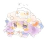  animal animal_on_head blush chibi hat horns long_hair lowres on_head patchouli_knowledge purple_eyes purple_hair ribbon sheep solid_circle_eyes touhou yasiro 