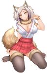  :3 animal_ears black_legwear blush breasts cleavage covered_nipples facial_mark fang fingernails fox_ears fox_tail full_body fur fur-trimmed_legwear fur_collar fur_trim head_tilt highres japanese_clothes large_breasts long_fingernails looking_at_viewer oni-noboru original pleated_skirt silver_hair simple_background sitting skirt smile solo tail thighhighs tsurime wariza whisker_markings white_background wristband yellow_eyes zettai_ryouiki 