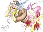  all_the_way_through anal blood blood_splatter discord_(mlp) draconequus duo equine fangs female fluttershy_(mlp) friendship friendship_is_magic fur gore hair horn is magic male mammal my_little_pony pegasus penetration pink_hair plain_background red_eyes themasterdramon traditional_media white_background wings yellow_fur 
