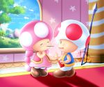  2018 alcyone clothing duo female food male mario_bros nintendo open_mouth pocky star toad_(mario) toadette tree video_games 