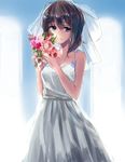  blue_eyes bouquet brown_hair dress flower kaga_(kantai_collection) kantai_collection looking_at_viewer rinaka_moruchi short_hair side_ponytail sketch smile solo veil wedding_dress 