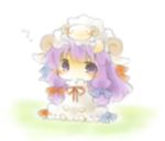  animal animal_on_head blush chibi hat horns long_hair lowres on_head patchouli_knowledge purple_eyes purple_hair ribbon sheep sitting solid_circle_eyes touhou yasiro 