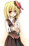  adapted_costume blonde_hair cup dress_shirt fang hair_ribbon looking_at_viewer necktie open_mouth red_eyes red_neckwear ribbon rumia shirt short_hair skirt solo steam touhou vest yuuhagi_(amaretto-no-natsu) 
