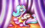  butt cutie_mark equine female feral friendship_is_magic fshydale fur hair horn horse inside levitation long_hair lying magic mammal multi-colored_hair my_little_pony on_side open_mouth pillow princess_celestia_(mlp) pussy solo white_fur winged_unicorn wings 
