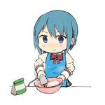  apron baking blue_hair bowl chibi cooking dough hair_ornament hairclip mahou_shoujo_madoka_magica miki_sayaka mixer_(cooking) school_uniform solo tsuzuya_(knt31) white_background 