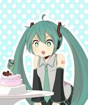  &gt;_&lt; aqua_hair blue_background cake candle chibi closed_eyes dated detached_sleeves food green_eyes hatsune_miku heart highres long_hair necktie open_mouth pleated_skirt rexlent sitting skirt solo symbol-shaped_pupils twintails very_long_hair vocaloid 