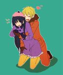  1girl bad_id bad_pixiv_id black_hair blonde_hair coat gloves hat heart hug kenny_mccormick long_hair pantyhose purple_eyes smile south_park wendy_testaburger you_(asagi) 