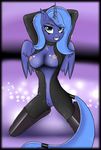  anthro anthrofied arms_behind_head blue_eyes blue_fur blue_hair breasts duo equine female friendship_is_magic fur hair horn horse kneeling looking_at_viewer mammal my_little_pony nipples partially_clothed princess_luna_(mlp) pussy pussy_juice rubber smile solo suit winged_unicorn wings xorza 