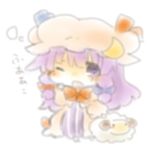  blush chibi hat horn long_hair one_eye_closed open_mouth patchouli_knowledge purple_eyes purple_hair ribbon sheep solid_circle_eyes touhou yasiro yawning 