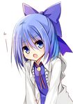  blue_eyes blue_hair bow cirno contemporary hair_bow jacket jacket_removed looking_at_viewer open_mouth solo touhou upper_body yuuhagi_(amaretto-no-natsu) 