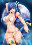  blue_eyes blue_hair breasts cleavage cowboy_shot dancer eyelashes full_moon large_breasts long_hair looking_at_viewer moon navel oni-noboru open_mouth original solo thigh_gap tsurime 