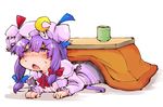  capelet commentary_request crescent cup dress hair_ribbon hat kotatsu lying on_stomach open_clothes open_mouth patchouli_knowledge purple_eyes purple_hair ribbon shinapuu solo striped striped_dress sweat table touhou tress_ribbon under_kotatsu under_table yunomi 