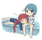  =_= ? barefoot bed blue blue_eyes blue_hair blush chibi drooling flying_sweatdrops full_body long_hair mahou_shoujo_madoka_magica miki_sayaka multiple_girls pajamas red_hair sakura_kyouko short_hair sleeping text_focus tsuzuya_(knt31) white_background 